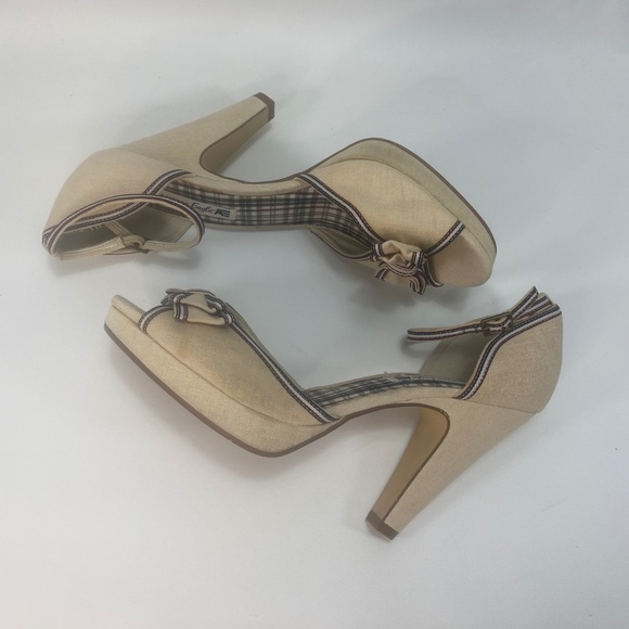 American Eagle Womens Heel Shoes 10 Canvas Peep Toe Ankle Strap Bows Plaid - Picture 11 of 16